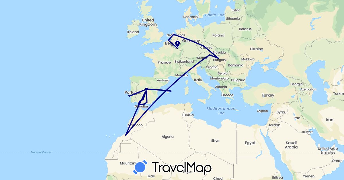 TravelMap itinerary: driving in Austria, Belgium, Czech Republic, Spain, Hungary, Luxembourg, Morocco, Netherlands, Portugal (Africa, Europe)